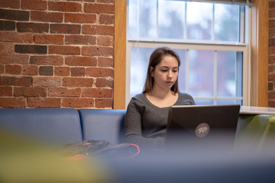 student in the learning commons in front of a computer 