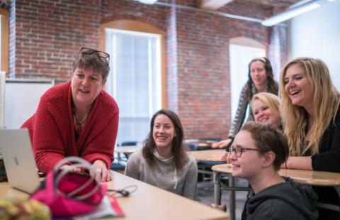 Laurie Shaffer, lecturer of ASL/English interpreting at UNH Manchester, working with students