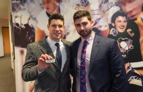 Justin Cummings '20, right, with professional hockey player Sidney Crosby during Justin's time on the communications team for the NHL's Pittsburgh Penguins.