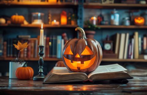 Lit jack-o-lantern on a book in a spooky library