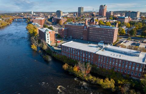 UNH Manchester campus aerial of the Manchester Millyard