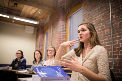 ASL/English interpreting majors speaking in sign language at UNH Manchester