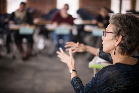 Professor Barbara Jago teaching a relational communications course at UNH Manchester