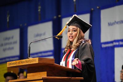 Alisbet Veras '23 delivering the student address at UNH Manchester's commencement ceremony on Friday