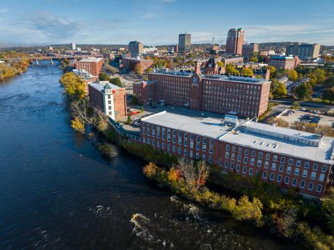 UNH Manchester campus aerial of the Manchester Millyard