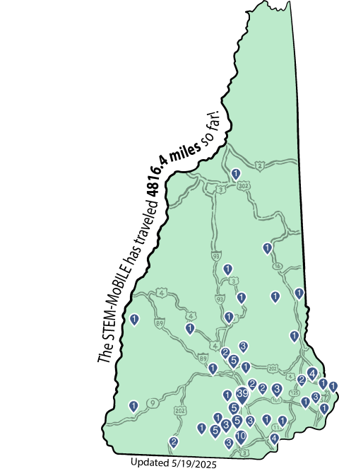 Map of New Hampshire with places that the STEM-MoBILE has visited marked with blue pins with numbers inside for the number of visits, and words up the side displaying the number of miles the STEM-MoBILE has traveled.