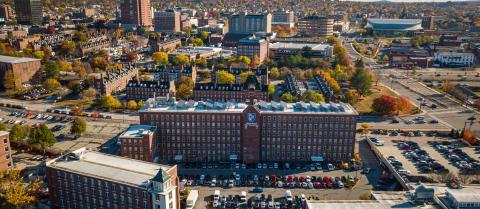 UNH Manchester campus in the Manchester NH city skyline