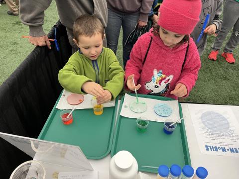 Children performing a science experiment by mixing two liquids with syringes. 